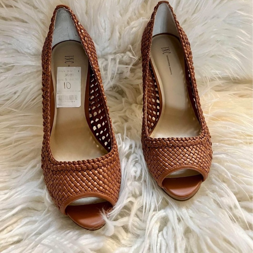 INC International Concepts woven peep toe with 5-inch wooden heel